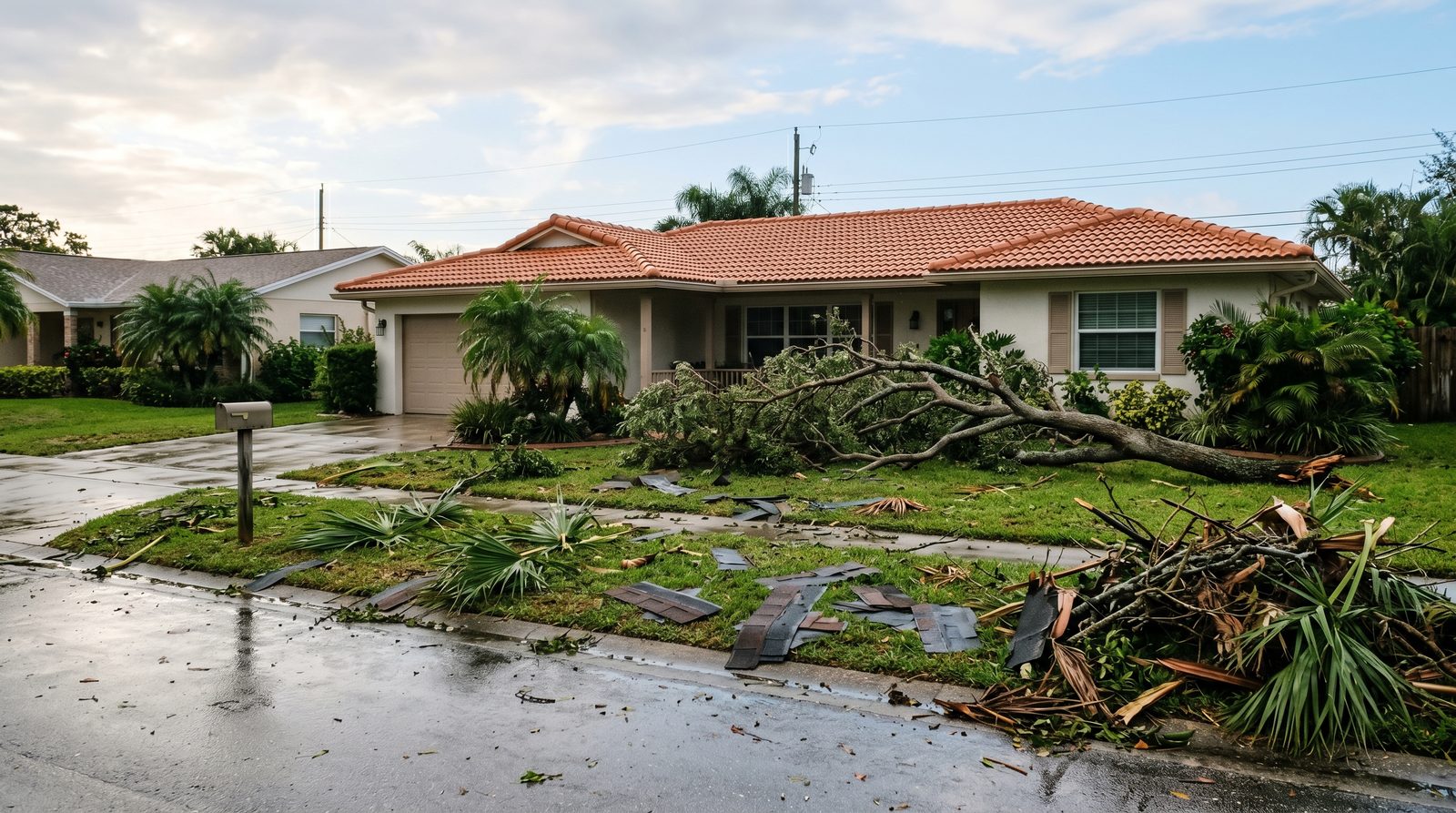 Florida residential yard the morning after a tropical storm