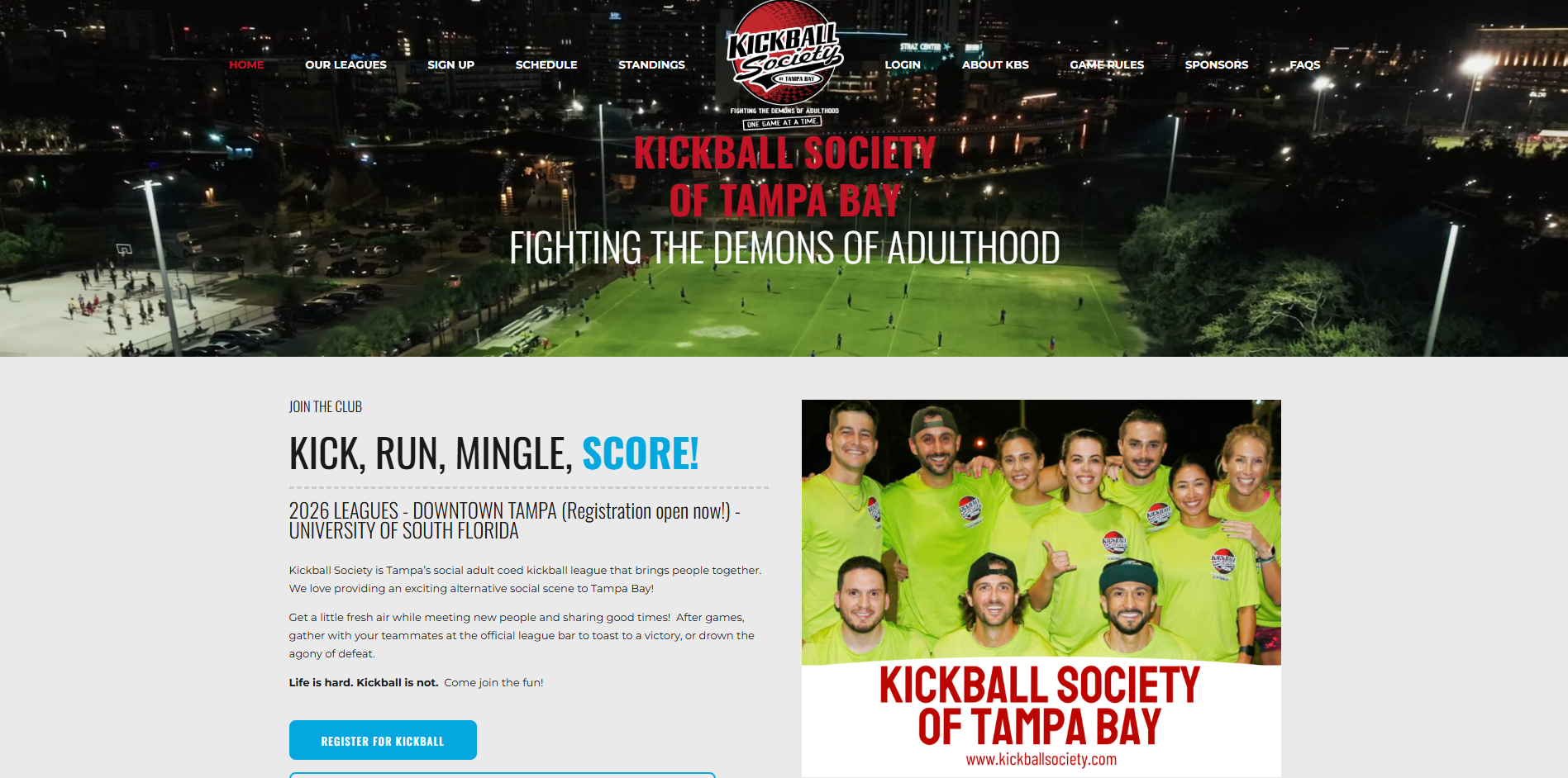 Tampa Kickball Society league branding and team photo