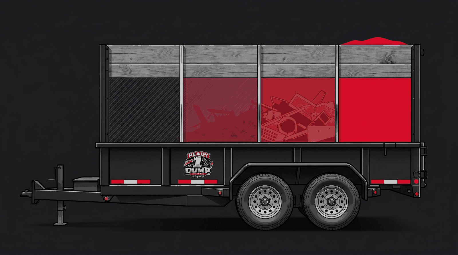 Side view of a Ready 1 dump trailer truck with the cargo body divided into four progressively-shaded fill-level segments, from empty on the left to fully loaded on the right.